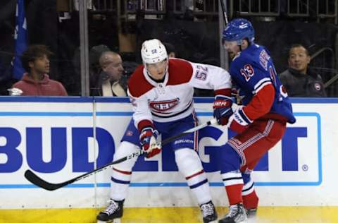 NEW YORK, NEW YORK – JANUARY 15: Justin Barron #52 of the Montreal Canadiens skates against the New York Rangers at Madison Square Garden on January 15, 2023 in New York City. The Canadiens defeated the Rangers 2-1. (Photo by Bruce Bennett/Getty Images)