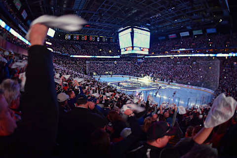 Fans cheer as the Columbus Blue Jackets take the ice (Photo by Jamie Sabau/NHLI via Getty Images)