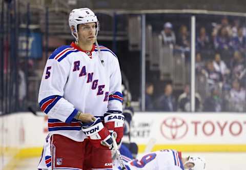 Apr 4, 2016; Columbus, OH, USA; New York Rangers defenseman Dan Girardi (5) against the Columbus Blue Jackets at Nationwide Arena. The Rangers won 4-2. Mandatory Credit: Aaron Doster-USA TODAY Sports