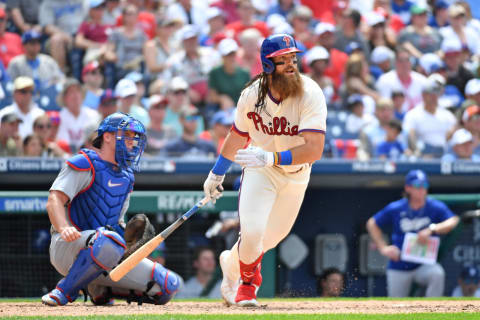 Jun 11, 2023; Philadelphia, Pennsylvania, USA; Philadelphia Phillies center fielder Brandon Marsh (16) hits a single against the Los Angeles Dodgers during the sixth inning at Citizens Bank Park. Mandatory Credit: Eric Hartline-USA TODAY Sports