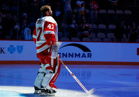 Oct 4, 2023; Pittsburgh, Pennsylvania, USA; Detroit Red Wings goaltender James Reimer (47) stands for the national anthem against the Pittsburgh Penguins at PPG Paints Arena. Mandatory Credit: Charles LeClaire-USA TODAY Sports