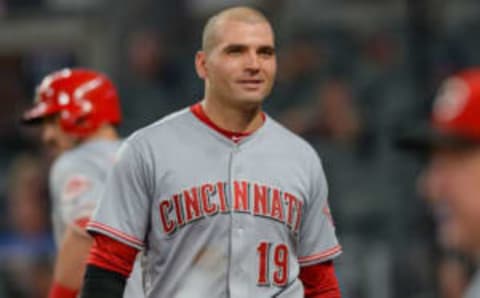 ATLANTA, GA JUNE 25: Reds first baseman Joey Votto (19) smiles after scoring a run during the game between Atlanta and Cincinnati on June 25th, 2018 at SunTrust Park in Atlanta, GA. The Atlanta Braves beat the Cincinnati Reds by a score of 5 4 in 11 innings. (Photo by Rich von Biberstein/Icon Sportswire via Getty Images)