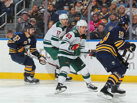 BUFFALO, NY – NOVEMBER 22: Marcus Foligno #17 and Tyler Ennis #63 of the Minnesota Wild skate against Jake McCabe #19 and Victor Antipin #93 of the Buffalo Sabres during an NHL game on November 22, 2017 at KeyBank Center in Buffalo, New York. (Photo by Bill Wippert/NHLI via Getty Images)