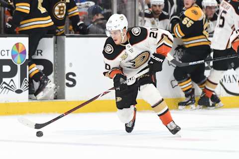 BOSTON, MA – DECEMBER 20: Pontus Aberg #20of the Anaheim Ducks skates against the Boston Bruins at the TD Garden on December 20, 2018 in Boston, Massachusetts. (Photo by Steve Babineau/NHLI via Getty Images)