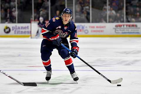 KENT, WASHINGTON – JANUARY 17: Ryker Evans #41 of the Regina Pats controls the puck during the third period of the match at the accesso ShoWare Center on January 17, 2020 in Kent, Washington. The Seattle Thunderbirds top the Regina Pats 4-2. (Photo by Alika Jenner/Getty Images)