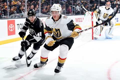 LOS ANGELES, CA – SEPTEMBER 19: Michael Eyssimont #48 of the Los Angeles Kings and Jimmy Schuldt #4 of the Vegas Golden Knights race for the puck during the first period of the preseason game at STAPLES Center on September 19, 2019 in Los Angeles, California. (Photo by Juan Ocampo/NHLI via Getty Images)