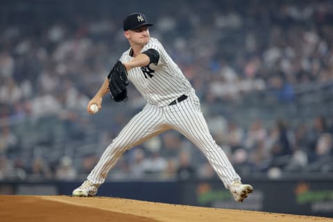 Jun 6, 2023; Bronx, New York, USA; New York Yankees starting pitcher Clarke Schmidt (36) pitches against the Chicago White Sox during the first inning at Yankee Stadium. Mandatory Credit: Brad Penner-USA TODAY Sports