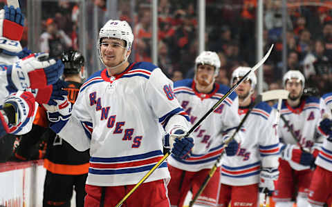 PHILADELPHIA, PA – MARCH 31: Pavel Buchnevich #89 of the New York Rangers celebrates a first period goal against the Philadelphia Flyers on March 31, 2019 at the Wells Fargo Center in Philadelphia, Pennsylvania. (Photo by Len Redkoles/NHLI via Getty Images)