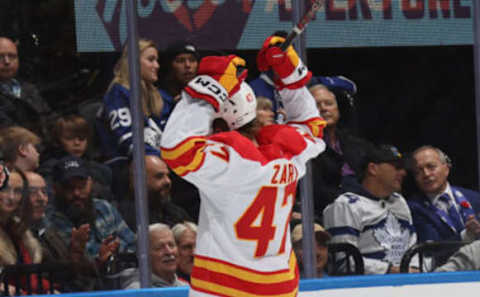 TORONTO, CANADA – NOVEMBER 10: Connor Zary #47 of the Calgary Flames celebrates his first period goal against the Toronto Maple Leafs at Scotiabank Arena on November 10, 2023 in Toronto, Ontario, Canada. (Photo by Bruce Bennett/Getty Images)