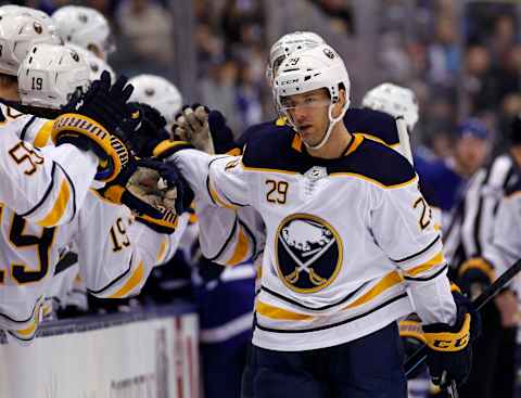 Mar 2, 2019; Toronto, Ontario, CAN; Buffalo Sabres forward Jason Pominville (29) celebrates a goal against the Toronto Maple Leafs during the first period at Scotiabank Arena. Mandatory Credit: John E. Sokolowski-USA TODAY Sports