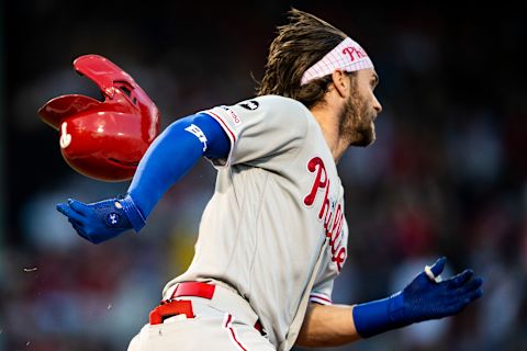 “Playing with his hair on fire” intensity has marked Harper’s tenure with the Phillies so far. Photo by Billie Weiss/Boston Red Sox/Getty Images.