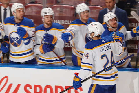 SUNRISE, FL – DECEMBER 2: Dylan Cozens #24 of the Buffalo Sabres celebrates with the bench after scoring a goal against the Florida Panthers at the FLA Live Arena on December 2, 2021 in Sunrise, Florida. (Photo by Joel Auerbach/Getty Images)