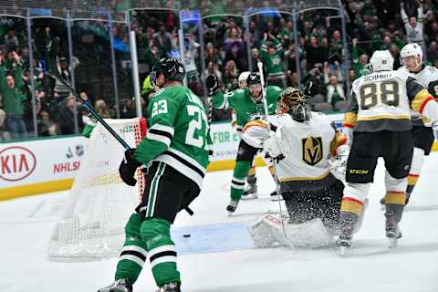 DALLAS, TX – NOVEMBER 25: Esa Lindell #23 of the Dallas Stars celebrates a goal against the Vegas Golden Knights at the American Airlines Center on November 25, 2019 in Dallas, Texas. (Photo by Glenn James/NHLI via Getty Images)