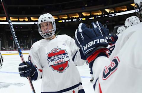 ST. PAUL, MN – SEPTEMBER 19: Team Langenbrunner forward Matt Boldy (9) celebrates his 2nd period goal during the USA Hockey All-American Prospects Game between Team Leopold and Team Langenbrunner on September 19, 2018 at Xcel Energy Center in St. Paul, MN. Team Leopold defeated Team Langenbrunner 6-4.(Photo by Nick Wosika/Icon Sportswire via Getty Images)