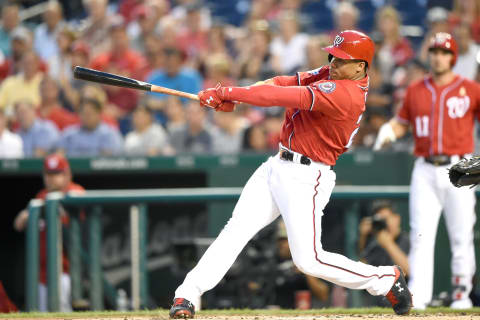 WASHINGTON, DC – SEPTEMBER 01: Juan Soto #22 of the Washington Nationals takes a swing during a baseball game against the Milwaukee Brewers at Nationals Park on September 1, 2018 in Washington, DC. (Photo by Mitchell Layton/Getty Images)