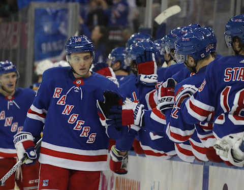 NEW YORK, NEW YORK – MARCH 29: Jimmy Vesey #26 of the New York Rangers celebrates his game winning goal against the St. Louis Blues at Madison Square Garden on March 29, 2019 in New York City. The Rangers defeated the Blues 4-2. (Photo by Bruce Bennett/Getty Images)