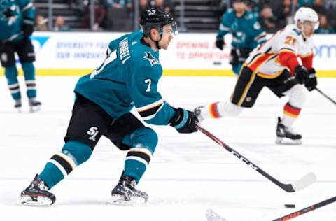 SAN JOSE, CA – MARCH 31: San Jose Sharks center Dylan Gambrell (7) carries the puck during the San Jose Sharks game versus the Calgary Flames on March 31, 2019, at SAP Center at San Jose in San Jose, CA.” (Photo by Matt Cohen/Icon Sportswire via Getty Images)