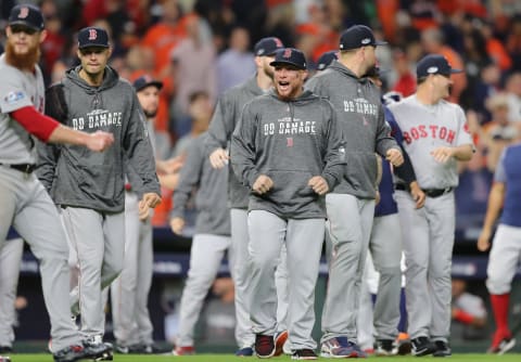 HOUSTON, TX – OCTOBER 17: The Boston Red Sox celebrate defeating the Houston Astros 8-6 in Game Four of the American League Championship Series at Minute Maid Park on October 17, 2018 in Houston, Texas. (Photo by Elsa/Getty Images)