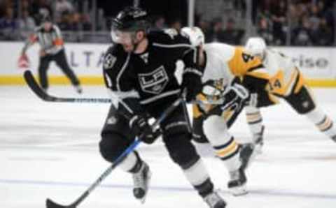 November 3, 2016; Los Angeles, CA, USA; Los Angeles Kings left wing Teddy Purcell (9) moves the puck up ice against the Pittsburgh Penguins during the second period at Staples Center. Mandatory Credit: Gary A. Vasquez-USA TODAY Sports