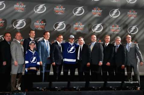 PHILADELPHIA, PA – JUNE 27: William Nylander stands with team personnel after being selected eighth overall by the Toronto Maple Leafs during the 2014 NHL Entry Draft at Wells Fargo Center on June 27, 2014 in Philadelphia, Pennsylvania. (Photo by Dave Sandford/NHLI via Getty Images)