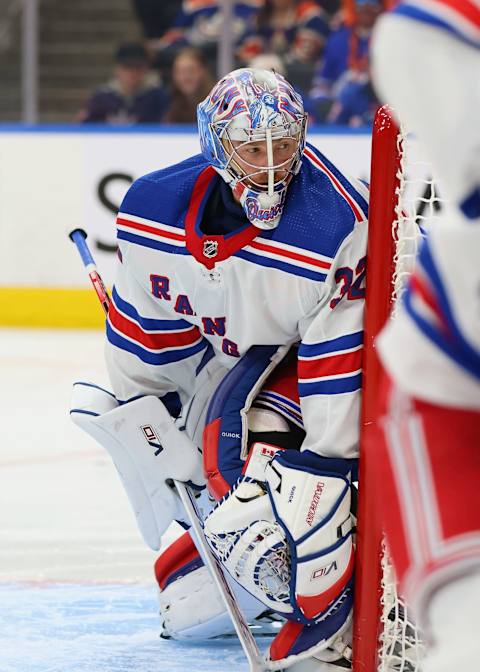 EDMONTON, CANADA – OCTOBER 26: Jonathan Quick #32 of the New York Rangers watches the play behind the net in the second period against the Edmonton Oilers on October 26, 2023 at Rogers Place in Edmonton, Alberta, Canada. (Photo by Lawrence Scott/Getty Images)