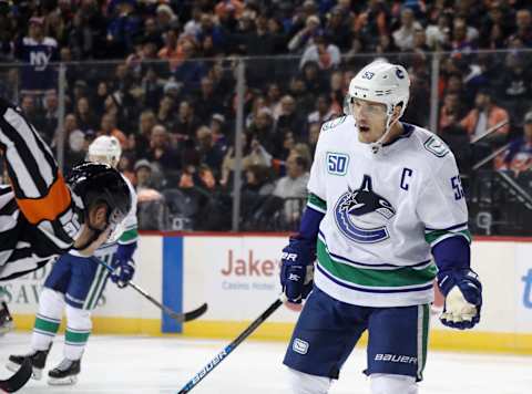 NEW YORK, NEW YORK – FEBRUARY 01: Bo Horvat #53 of the Vancouver Canucks argues a second period penalty during the game against the New York Islanders the Barclays Center on February 01, 2020 in the Brooklyn borough of New York City. (Photo by Bruce Bennett/Getty Images)