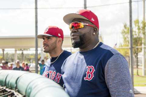 FT. MYERS, FL – MARCH 2: J.D. Marrtinez #28 of the Boston Red Sox talks with former designated hitter David Orrtiz during a team workout on March 2, 2018 at Fenway South in Fort Myers, Florida . (Photo by Billie Weiss/Boston Red Sox/Getty Images)