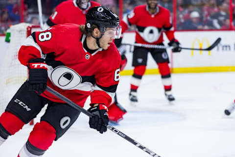 OTTAWA, ON – FEBRUARY 17: Ottawa Senators Left Wing Mike Hoffman (68) skates with the puck during second period National Hockey League action between the New York Rangers and Ottawa Senators on February 17, 2018, at Canadian Tire Centre in Ottawa, ON, Canada. (Photo by Richard A. Whittaker/Icon Sportswire via Getty Images)