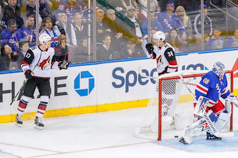 NEW YORK, NY – OCTOBER 22: Arizona Coyotes right wing Christian Fischer (36) congratulates Arizona Coyotes left wing Lawson Crouse (67) after he scores goal during the Arizona Coyotes and New York Rangers NHL game on October 22, 2019, at Madison Square Garden in New York, NY. (Photo by John Crouch/Icon Sportswire via Getty Images)