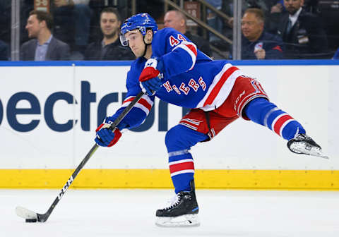 NEW YORK, NY – APRIL 05: New York Rangers Defenceman Neal Pionk (44) sends the puck down ice during the second period of the National Hockey League game between the Columbus Blue Jackets and the New York Rangers on April 5, 2019 at Madison Square Garden in New York, NY. (Photo by Joshua Sarner/Icon Sportswire via Getty Images)