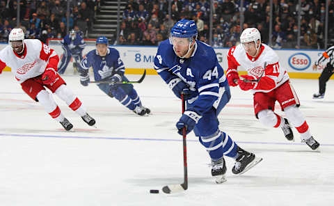 TORONTO, ON – OCTOBER 30: Morgan Rielly #44 of the Toronto Maple Leafs skates  . (Photo by Claus Andersen/Getty Images)