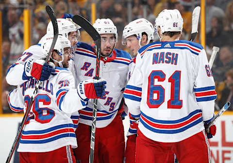 NASHVILLE, TN – FEBRUARY 3: The New York Rangers celebrate a goal against the Nashville Predators during an NHL game at Bridgestone Arena on February 3, 2018 in Nashville, Tennessee. (Photo by John Russell/NHLI via Getty Images)