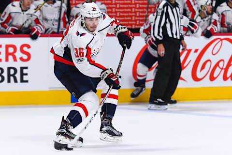 MONTREAL, QC – SEPTEMBER 20: Washington Capitals defenceman Connor Hobbs (36) passes the puck during the Washington Capitals versus the Montreal Canadiens preseason game on September 20, 2017, at Bell Centre in Montreal, QC. (Photo by David Kirouac/Icon Sportswire via Getty Images)