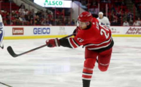 RALEIGH, NC – DECEMBER 11: Sebastian Aho #20 of the Carolina Hurricanes takes a shot on goal during an NHL game against the Toronto Maple Leafs on December 11, 2018 at PNC Arena in Raleigh, North Carolina. (Photo by Gregg Forwerck/NHLI via Getty Images)