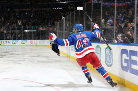 NEW YORK, NY – MARCH 09: Libor Hajek #43 of the New York Rangers reacts after scoring his first NHL goal in the third period against the New Jersey Devils at Madison Square Garden on March 9, 2019 in New York City. (Photo by Jared Silber/NHLI via Getty Images)