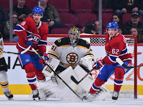 MONTREAL, QC – NOVEMBER 26: Goaltender Jaroslav Halak #41 of the Boston Bruins defends the net against Ben Chiarot #8 and Artturi Lehkonen #62 of the Montreal Canadiens during the third period at the Bell Centre on November 26, 2019 in Montreal, Canada. The Boston Bruins defeated the Montreal Canadiens 8-1. (Photo by Minas Panagiotakis/Getty Images)