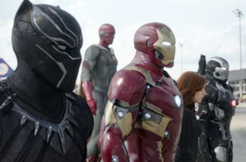 Marvel’s Captain America: Civil War..L to R: Black Panther/T’Challa (Chadwick Boseman), Vision (Paul Bettany), Iron Man/Tony Stark (Robert Downey Jr.), Black Widow/Natasha Romanoff (Scarlett Johansson), and War Machine/James Rhodey (Don Cheadle)…Photo Credit: Film Frame..© Marvel 2016