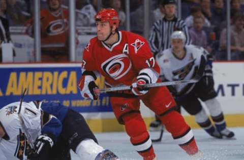 30 Nov 2001: Center Rod Brind”Amour #17 of the Carolina Hurricanes skates on the ice during the NHL game against the Washington Capitals at the MCI Center in Washington, D.C. The Capitals defeated the Hurricanes 6-2. Mandatory copyright notice: Copyright 2001 NHLI Mandatory Credit: Doug Pensinger /NHLI/Getty Images