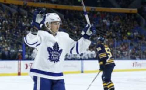 Sep 30, 2016; Buffalo, NY, USA; Toronto Maple Leafs center William Nylander (29) celebrates his goal against Buffalo Sabres during the first period at KeyBank Center. Mandatory Credit: Kevin Hoffman-USA TODAY Sports