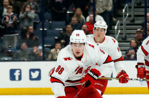 COLUMBUS, OH – JANUARY 16: Martin Necas #88 of the Carolina Hurricanes controls the puck during the game against the Columbus Blue Jackets on January 16, 2020 at Nationwide Arena in Columbus, Ohio. Columbus defeated Carolina 3-2. (Photo by Kirk Irwin/Getty Images)