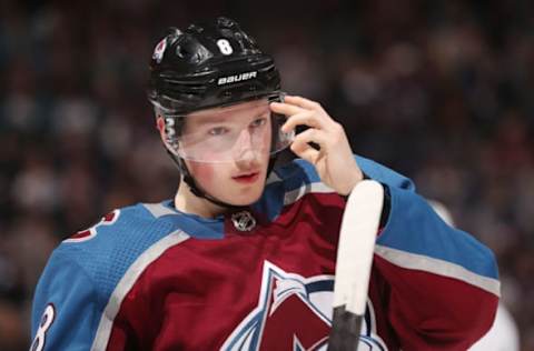 DENVER, CO – APRIL 30: Cale Makar #8 of the Colorado Avalanche looks on during a break in the action against the San Jose Sharks in Game Three of the Western Conference Second Round during the 2019 NHL Stanley Cup Playoffs at the Pepsi Center on April 30, 2019 in Denver, Colorado. (Photo by Michael Martin/NHLI via Getty Images)