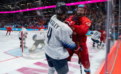 LAUSANNE, SWITZERLAND – JANUARY 22: #4 Ryan Chesley of United States clashes with #15 Kirill Dolzhenkov of Russian Federation during Men’s 6-Team Tournament Gold Medal Game between Russia and United States of the Lausanne 2020 Winter Youth Olympics on January 22, 2021 in Lausanne, Switzerland. (Photo by RvS.Media/Basile Barbey/Getty Images)