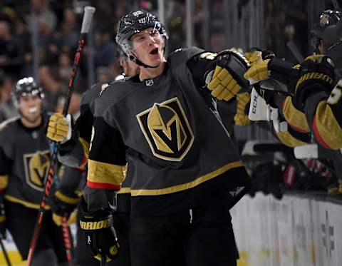 LAS VEGAS, NEVADA – OCTOBER 17: Nick Holden #22 of the Vegas Golden Knights celebrates with teammates on the bench after scoring a first-period power-play goal against the Ottawa Senators during their game at T-Mobile Arena on October 17, 2019 in Las Vegas, Nevada. The Golden Knights defeated the Senators 3-2 in a shootout. (Photo by Ethan Miller/Getty Images)