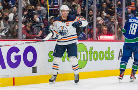 Edmonton Oilers Captain Connor McDavid, #97, celebrates game winning goal Mandatory Credit: Bob Frid-USA TODAY Sports