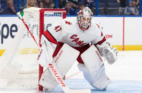 TAMPA, FL – NOVEMBER 30: Goalie James Reimer #47 of the Carolina Hurricanes against the Tampa Bay Lightning at Amalie Arena on November 30, 2019 in Tampa, Florida. (Photo by Scott Audette /NHLI via Getty Images)