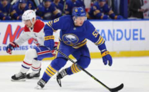 Mar 27, 2023; Buffalo, New York, USA; Buffalo Sabres left wing Jeff Skinner (53) controls the puck during the first period against the Montreal Canadiens at KeyBank Center. Mandatory Credit: Timothy T. Ludwig-USA TODAY Sports