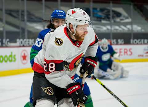 Apr 22, 2021; Vancouver, British Columbia, CAN; Ottawa Senators forward Connor Brown (28) skates against the Vancouver Canucks in the second period at Rogers Arena. Mandatory Credit: Bob Frid-USA TODAY Sports