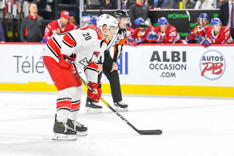 LAVAL, QC, CANADA – DECEMBER 29: Dennis Robertson #20 of the Charlotte Checkers ready at the point for the face-off against the Laval Rocket at Place Bell on December 29, 2018 in Laval, Quebec. (Photo by Stephane Dube /Getty Images)