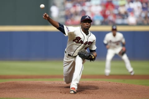 Oct 2, 2016; Atlanta, GA, USA; Atlanta Braves starting pitcher Julio Teheran (49) throws a pitch against the Detroit Tigers in the first inning at Turner Field. Mandatory Credit: Brett Davis-USA TODAY Sports