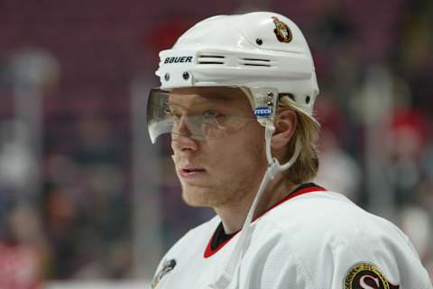 2004 Season: Player Marian Hossa of the Ottawa Senators. (Photo by Bruce Bennett Studios/Getty Images)